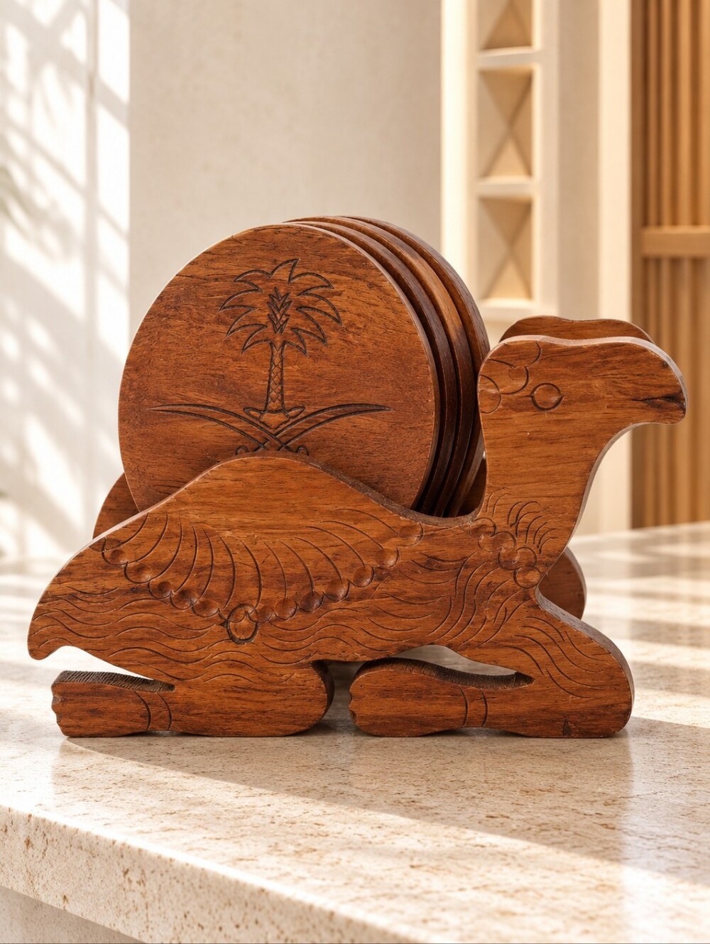 Vintage Saudi Arabia Camel Wood Coaster Set Palm Tree Crossed Swords